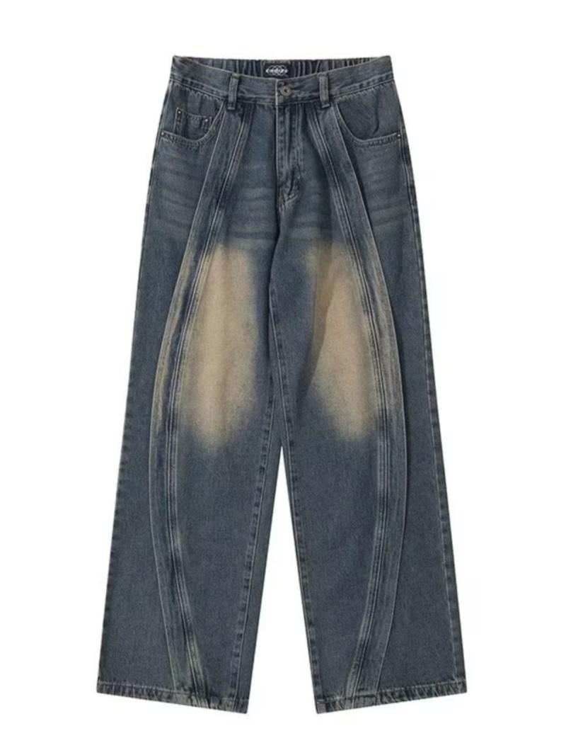 American high street oversize spliced ​​jeans for men, youthful design, loose, straight, wide and drapey leg trousers, trendy
