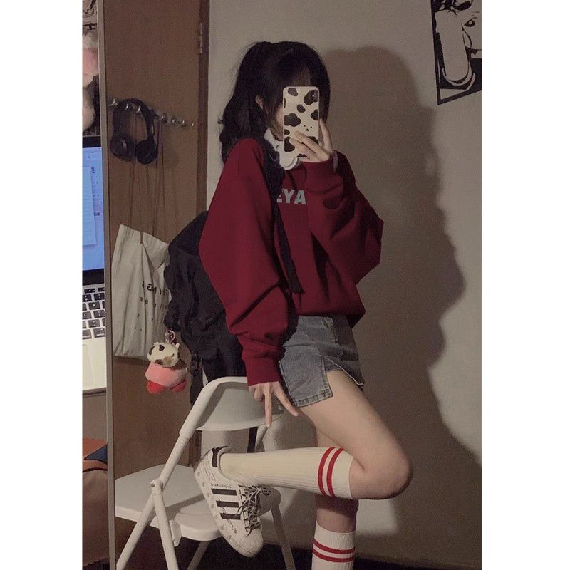 100%重磅純棉美式酒紅色無帽衛衣女2023秋冬寬鬆百搭慵懶chic上衣
