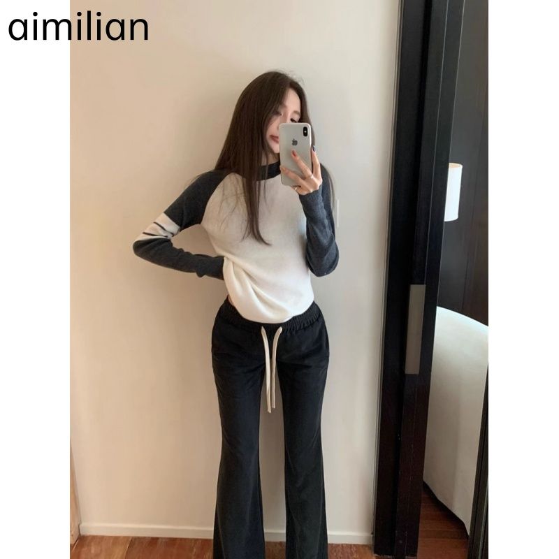 aimilian美式复古撞色条纹长袖针织衫毛衣女秋季修身显瘦套头上衣