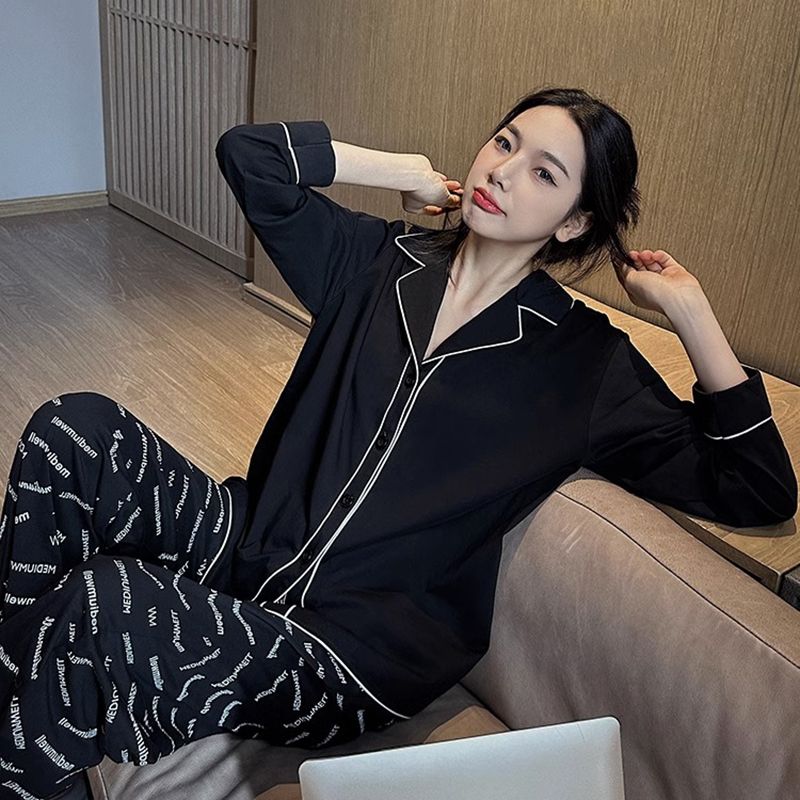 Korean style pajamas for women spring and autumn 2023 black home wear long-sleeved suit for women sweet and can be worn outside two-piece set