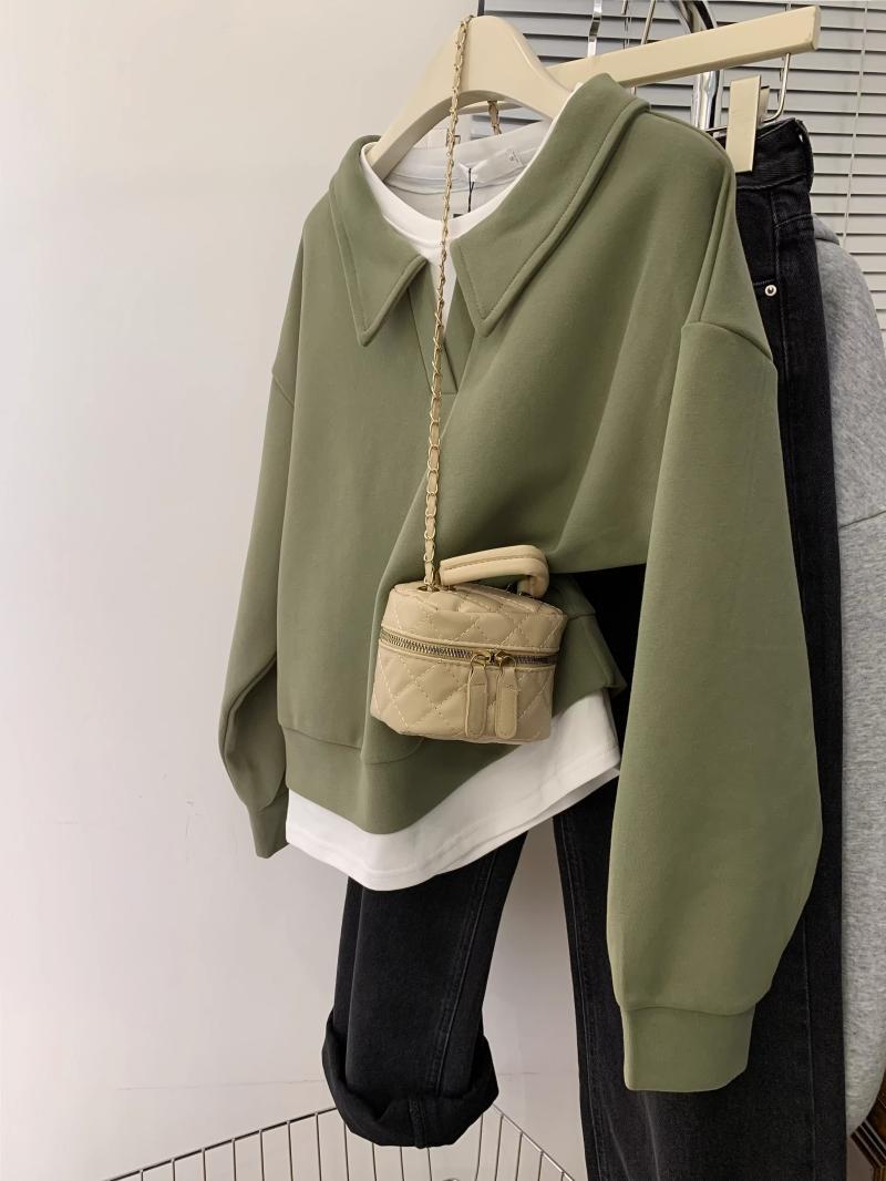 大碼2-300斤復古假兩件polo領衛衣女春秋寬鬆設計感百搭減齡上衣