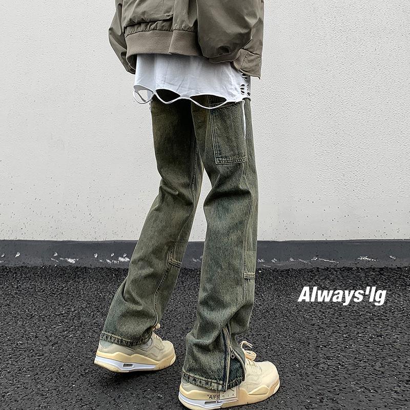 American retro yellow mud-dyed jeans for men spring and autumn new hiphop handsome street slim straight pants