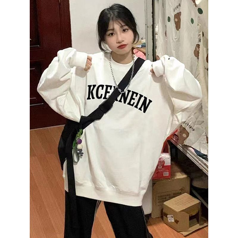 100%重磅純棉潮牌簡約字母印花圓領衛衣女2023秋冬套頭衫寬鬆外套