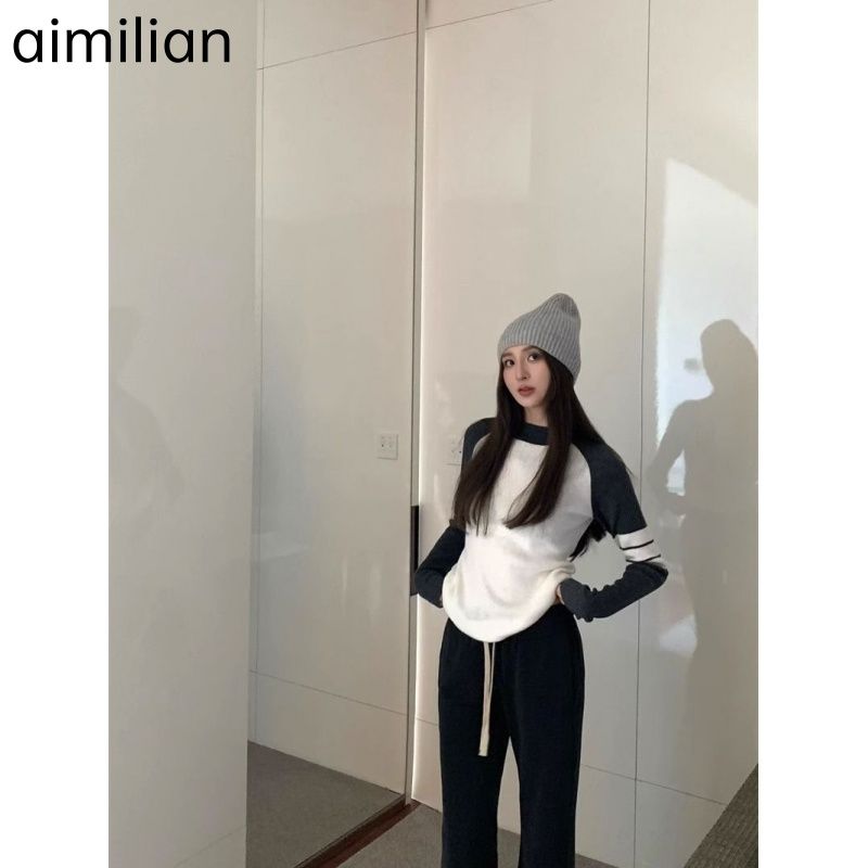 aimilian美式复古撞色条纹长袖针织衫毛衣女秋季修身显瘦套头上衣