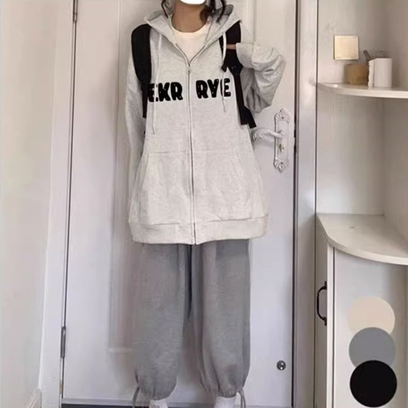 100%重磅純棉開衫字母印花連帽衛衣女2023春秋拉鏈寬鬆外套上衣潮