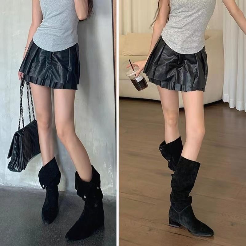 騎士靴子短靴女兩穿翻皮皺褶中筒靴尖頭粗跟小眾堆堆靴騎士靴西部