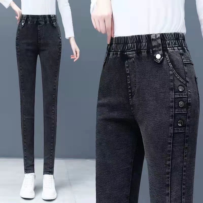 高品質高腰大碼牛仔褲女2023秋冬新款胖mm彈力修身顯瘦緊身小腳褲