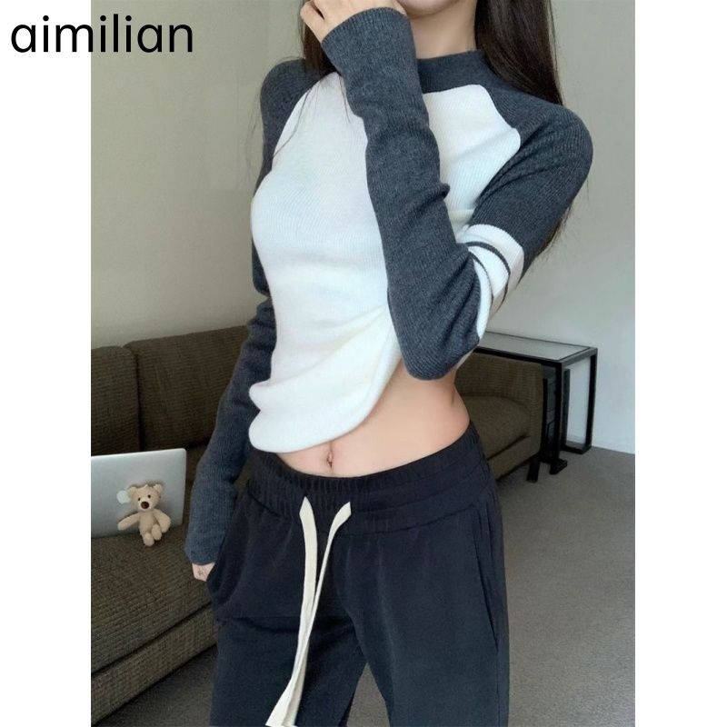 aimilian美式复古撞色条纹长袖针织衫毛衣女秋季修身显瘦套头上衣