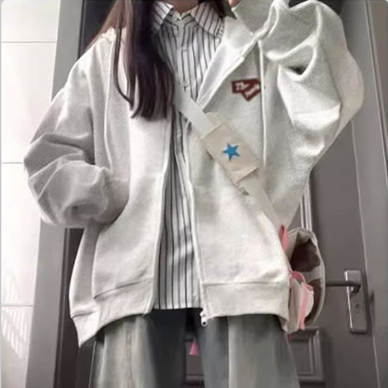 100%重磅純棉春秋衛衣外套女開衫oversize寬鬆連帽拉鏈2023新款潮