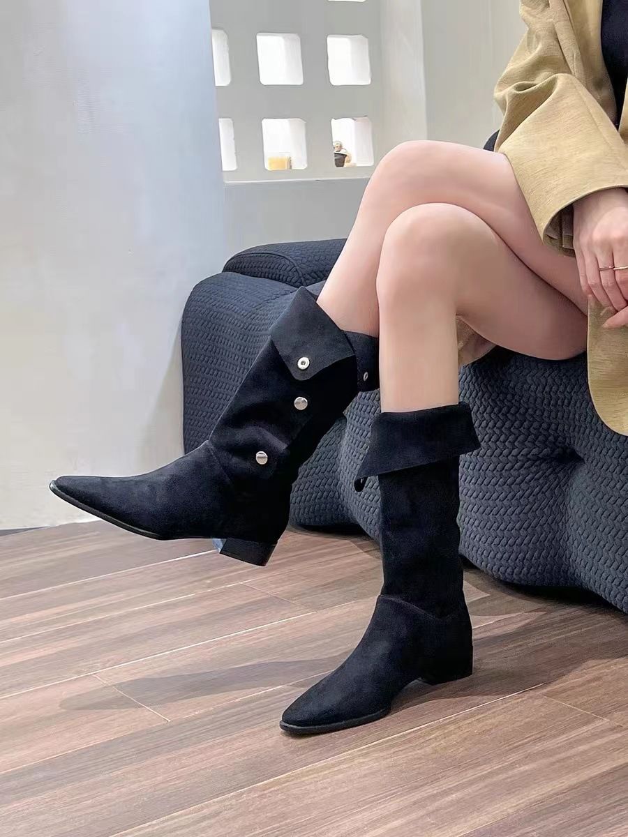 葡萄媽同款 辣妹翻領褶皺堆堆靴尖頭中長筒西部牛仔靴女秋冬新款