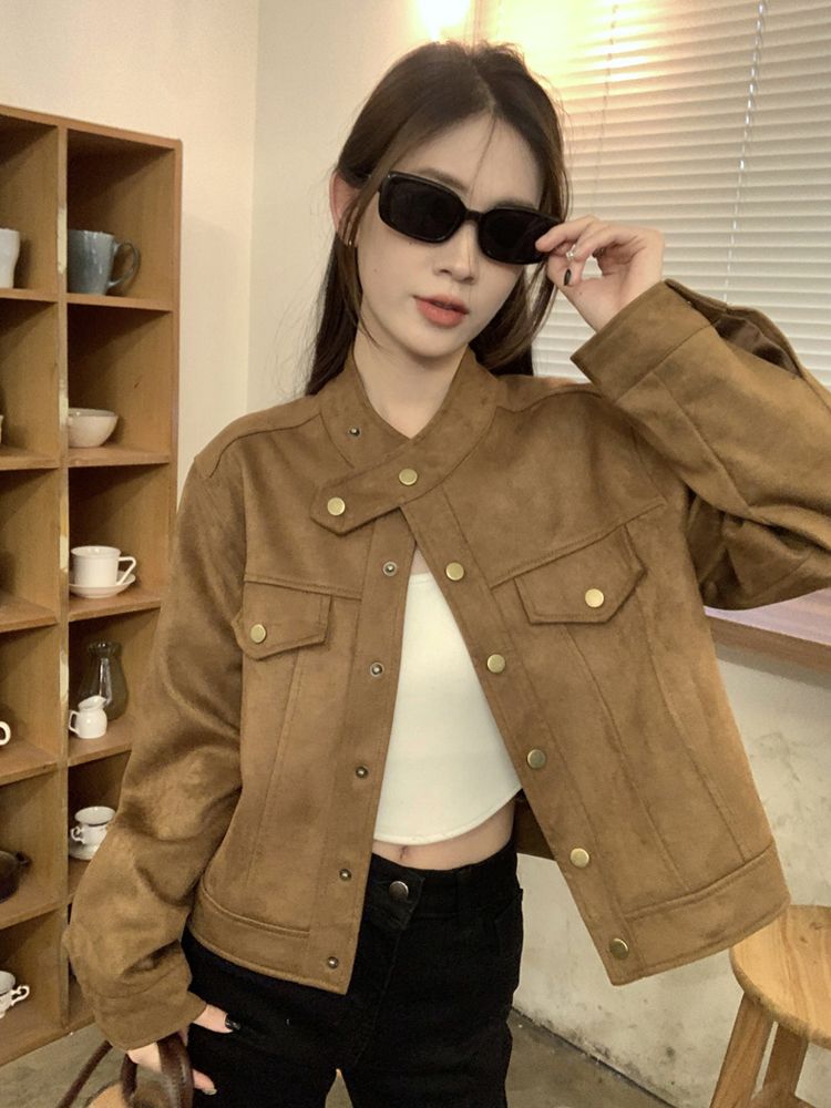 Maillard wears stand-up collar foreign-style coat for women in autumn and winter, high-end retro loose short jacket, elk leather jacket