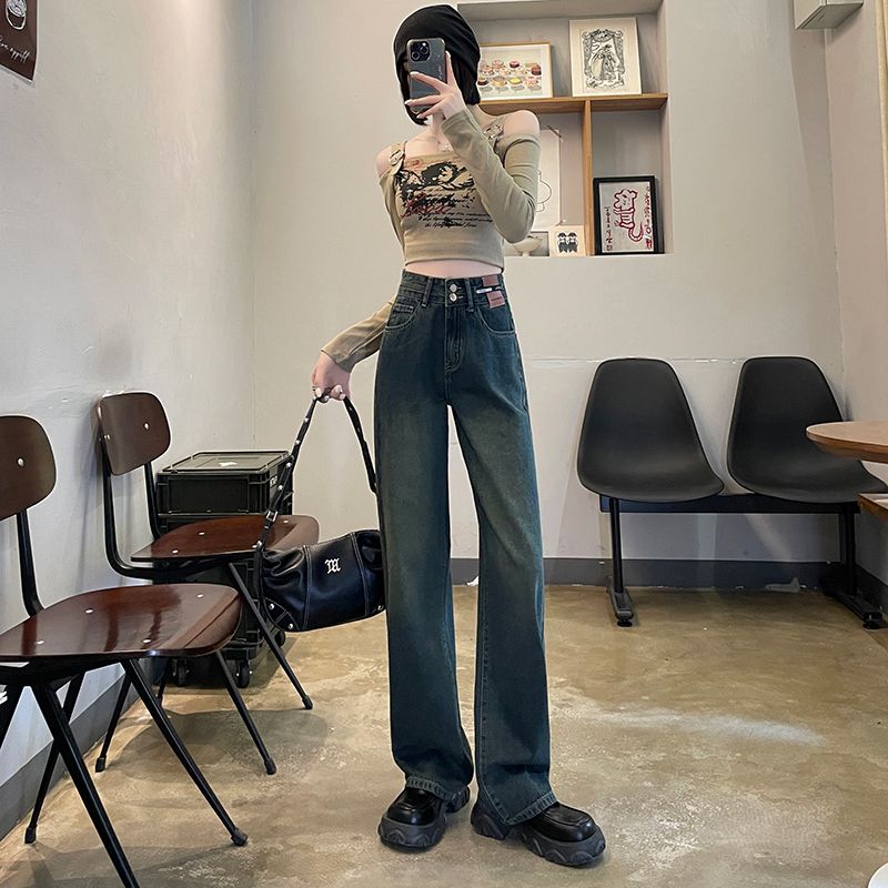 水泥灰窄版直筒褲女秋裝2023年新款高腰顯瘦拖地闊腿牛仔褲小個子