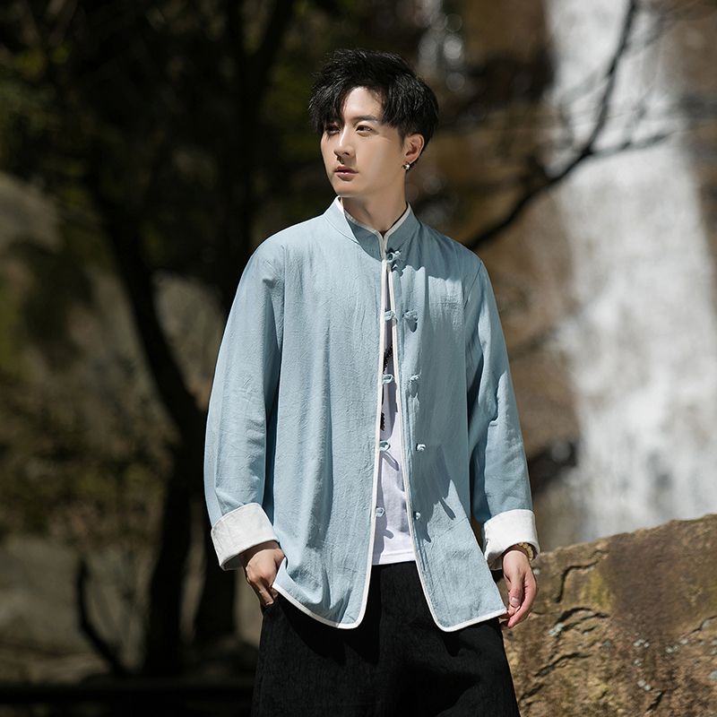 秋季新中式改良唐裝中國風男裝長袖襯衫復古茶服大碼中山裝外套男