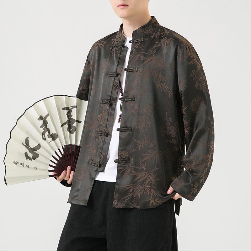 中国风男装轻薄款冰丝长袖衬衫男古风大码盘扣新中式唐装青年外套