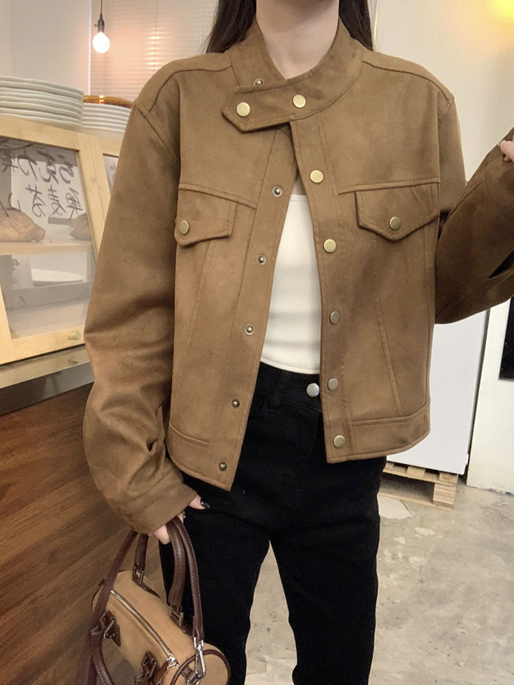 Maillard wears stand-up collar foreign-style coat for women in autumn and winter, high-end retro loose short jacket, elk leather jacket