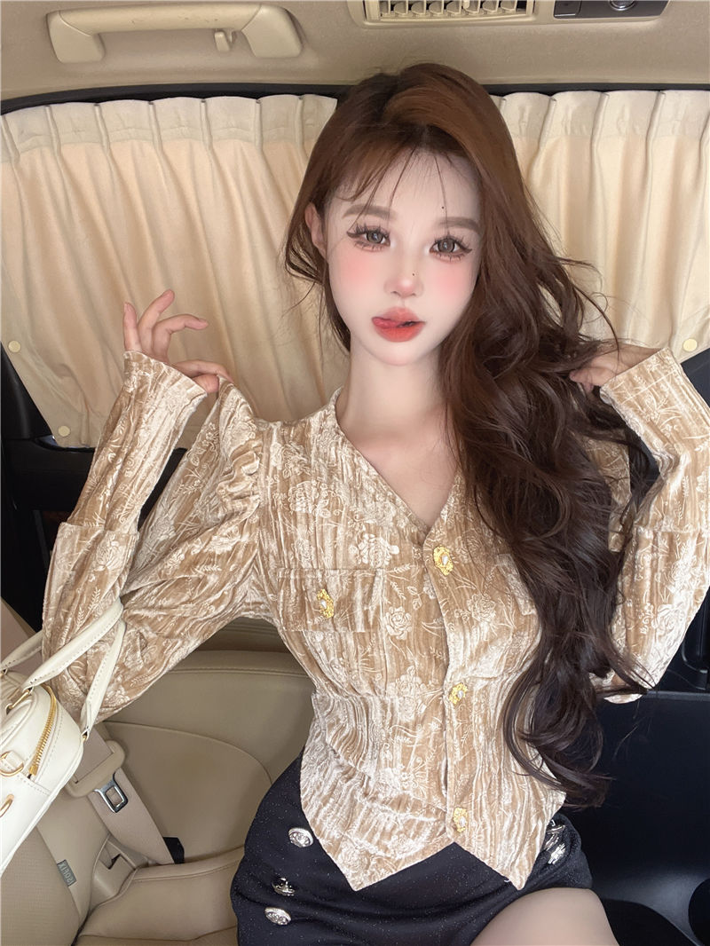 純欲風高端V領拼接絲絨修身不規則減齡印花泡泡袖開衫襯衣女春秋