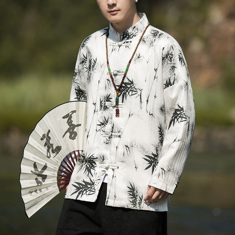 唐裝男士春秋款中國風男裝印花夾克中山裝立領新中式長袖襯衫外套