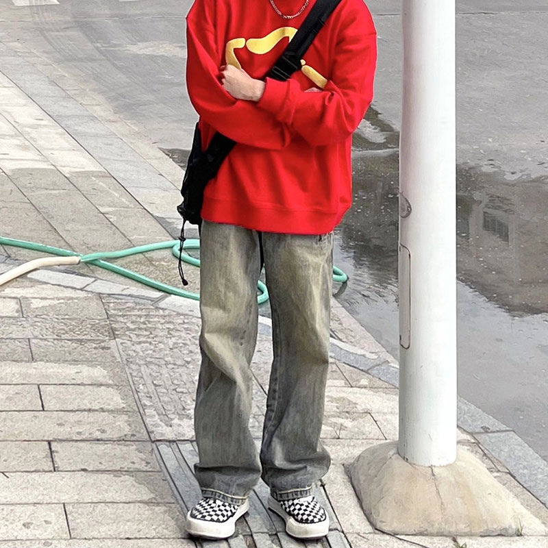 美式ins潮牌復古做舊水洗懷舊色直筒牛仔褲男oversize街頭風長褲