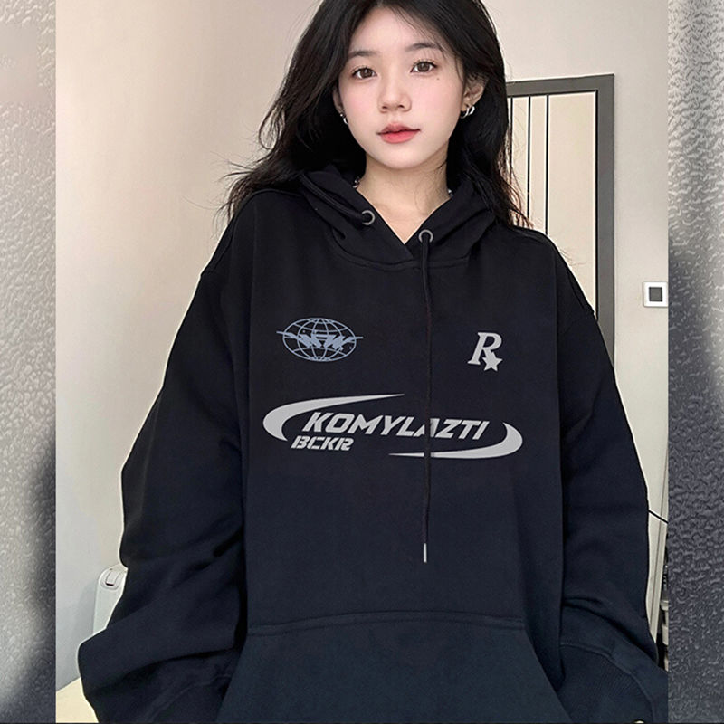 100%重磅純棉黑色衛衣女2023春秋oversize 寬鬆百搭連帽外套上衣