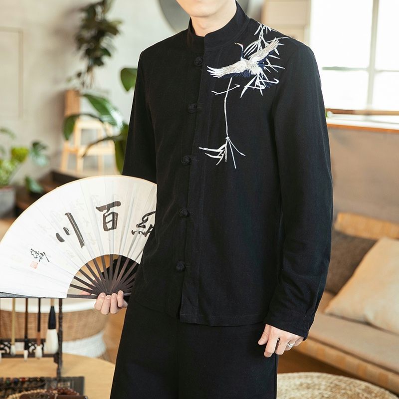 亞麻襯衫男長袖春秋款中國風男裝古風寬鬆大碼新中式棉麻唐裝襯衣