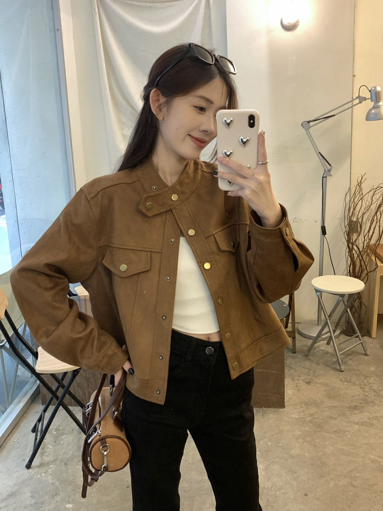 Maillard wears stand-up collar foreign-style coat for women in autumn and winter, high-end retro loose short jacket, elk leather jacket