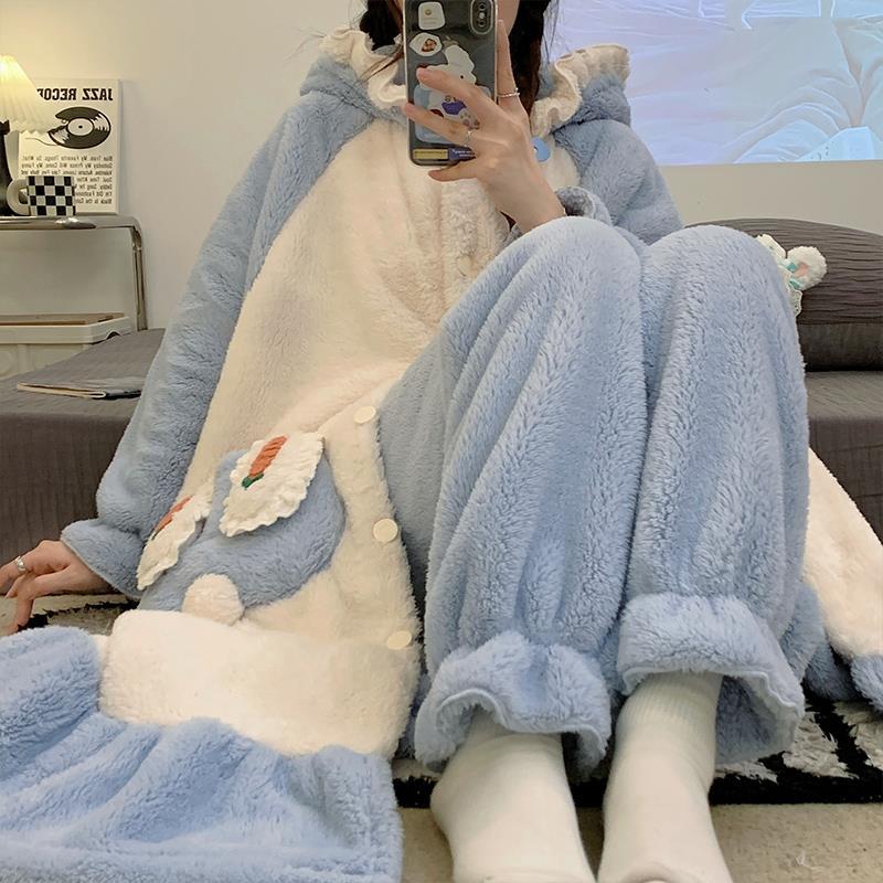 珊瑚絨睡衣女秋冬季2023年新款可愛加厚法蘭絨連帽睡袍家居服套裝