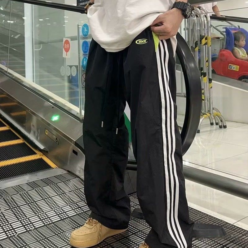 美式復古撞色三條槓直筒運動褲男女潮牌嘻哈寬鬆直筒速干休閒長褲