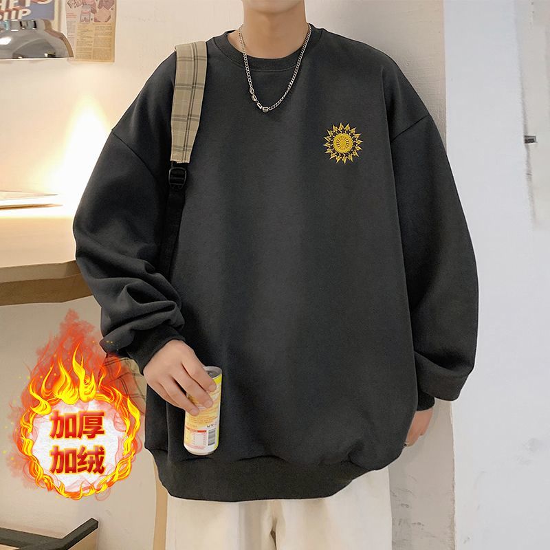 450G重磅冬季無帽圓領衛衣男加絨加厚打底衫寬鬆長袖港風潮流上衣