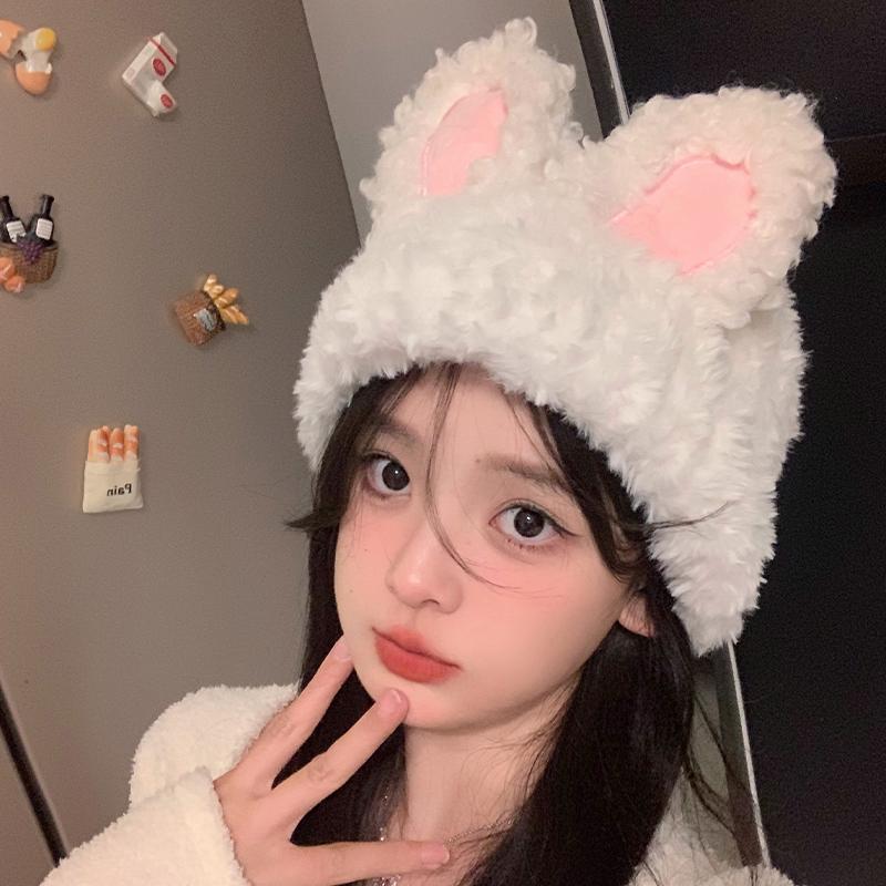 韓版可愛甜美兔耳朵毛絨帽子女秋冬保暖防寒百搭顯臉小針織包頭帽