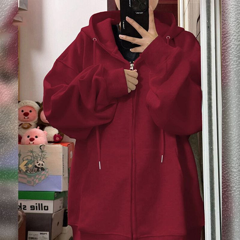 100%重磅純棉拉鏈開衫衛衣外套女2023新款春秋季韓版寬鬆連帽上衣
