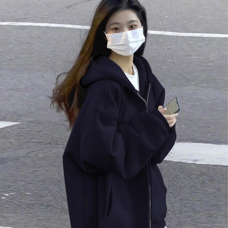100%重磅純棉2023新款oversize寬鬆連帽衛衣女秋冬季開衫外套上衣
