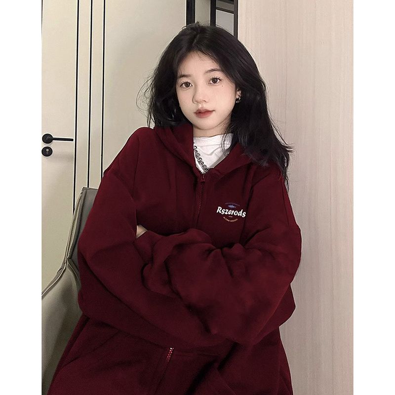 100%重磅純棉酒紅色連帽衛衣女春秋2023新款寬鬆潮牌開衫拉鏈外套