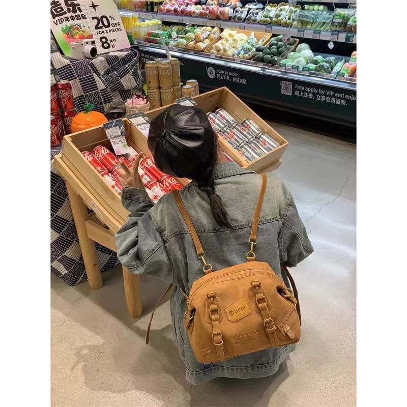 韓版時尚標籤包美式復古單肩包2023潮流新款小眾棕色磨砂雙肩包女