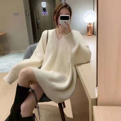 冬季V領加厚毛衣女水貂絨純色寬鬆慵懶風內搭上衣套頭針織衫外穿