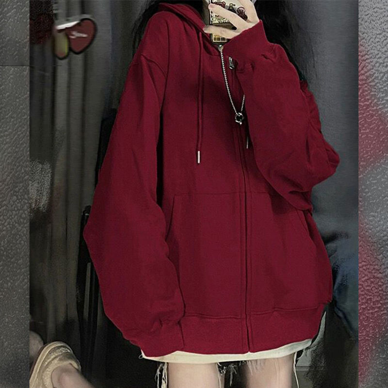 100%重磅純棉2023春秋新款酒紅色衛衣女連帽薄款情侶開衫拉鏈外套