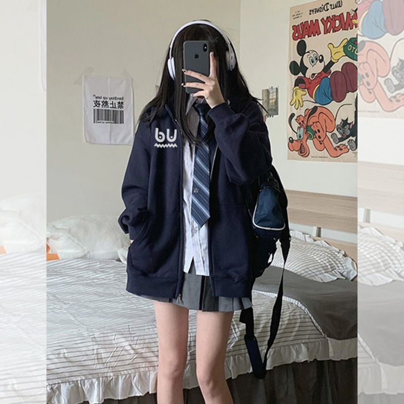 100%重磅純棉韓系新款連帽衛衣女2023秋冬季慵懶寬鬆開衫拉鏈外套