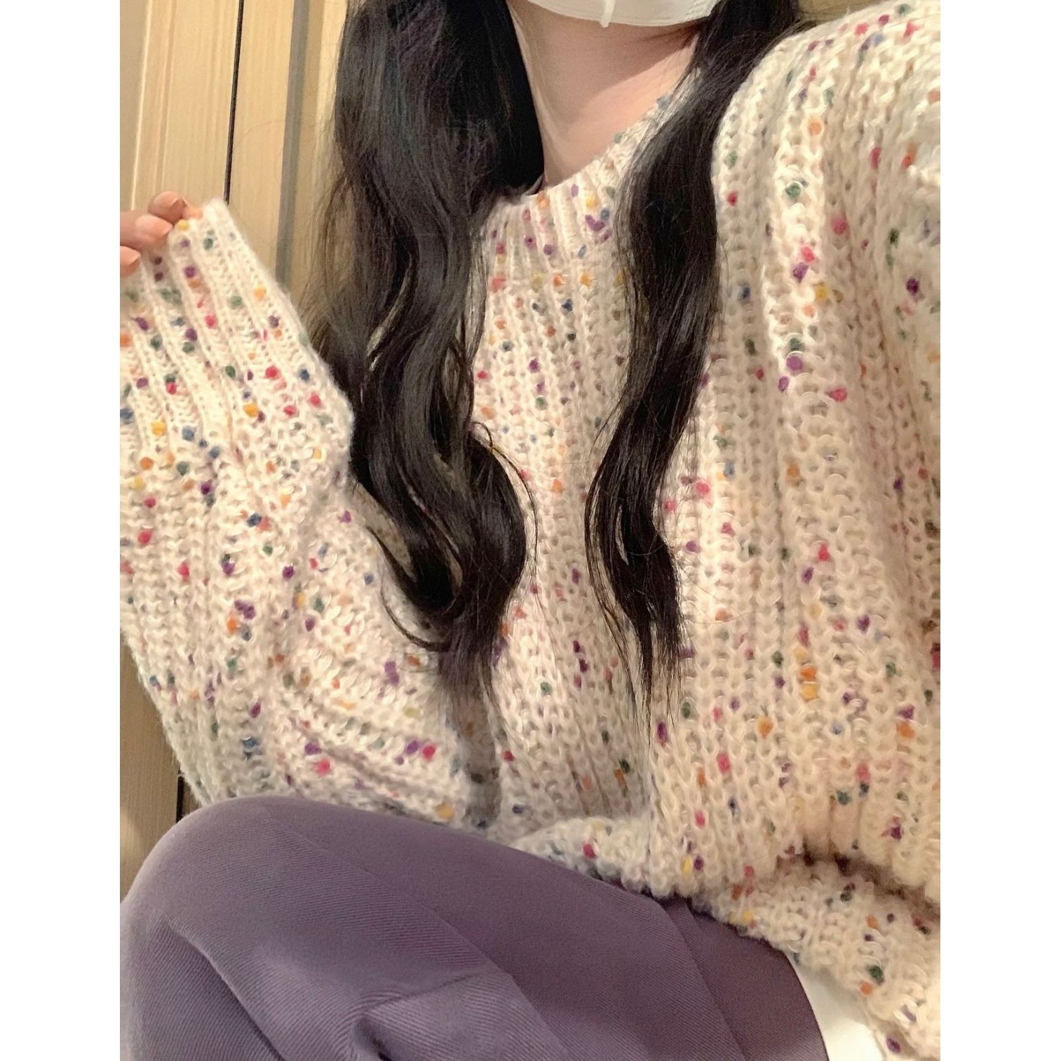 設計感軟糯彩點套頭毛衣女秋冬新款韓版寬鬆長袖針織衫慵懶風潮