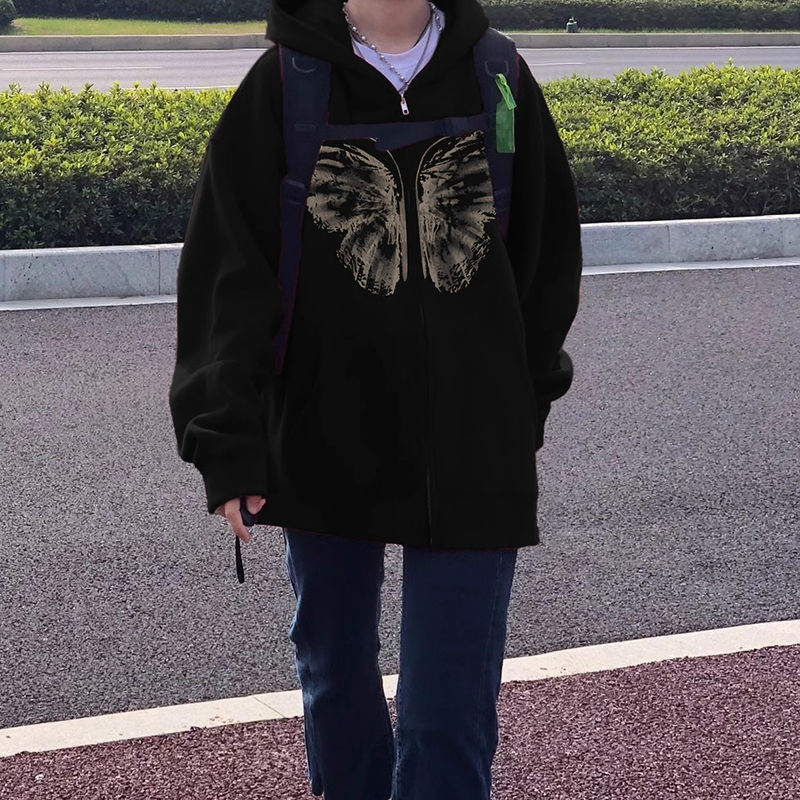 100%重磅純棉連帽黑色開衫衛衣女2023春秋季薄款小眾蝴蝶拉鏈外套