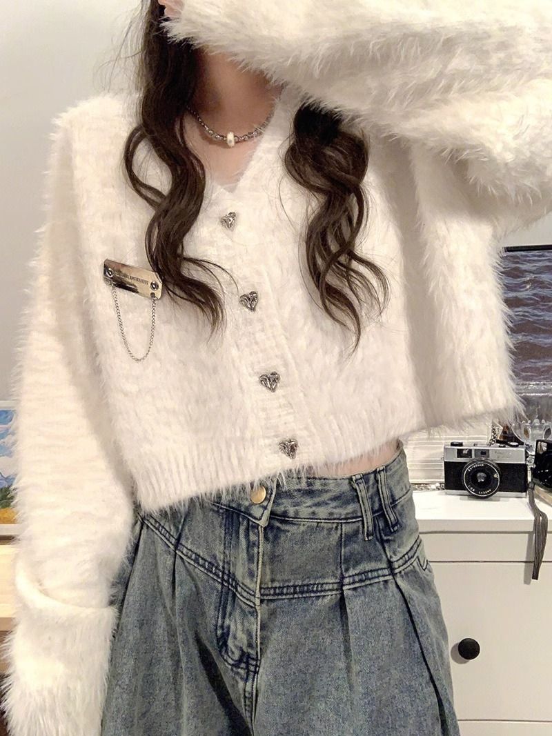 軟糯奶fufu加厚外穿休閒百搭開衫毛衣女秋冬短款寬鬆軟糯針織衫