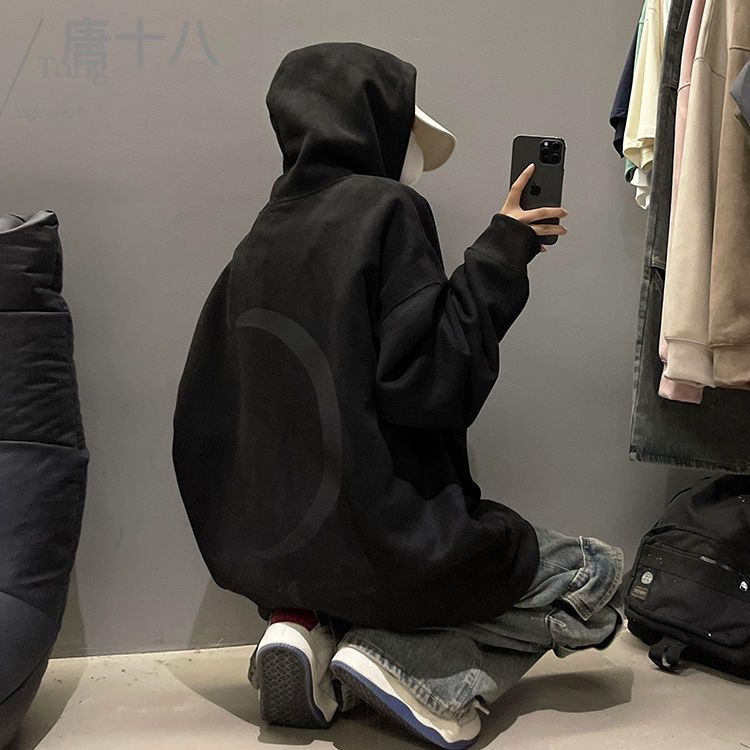 麂皮重磅衛衣男連帽秋季潮流美式高街復古寬鬆慵懶風情侶粉色外套