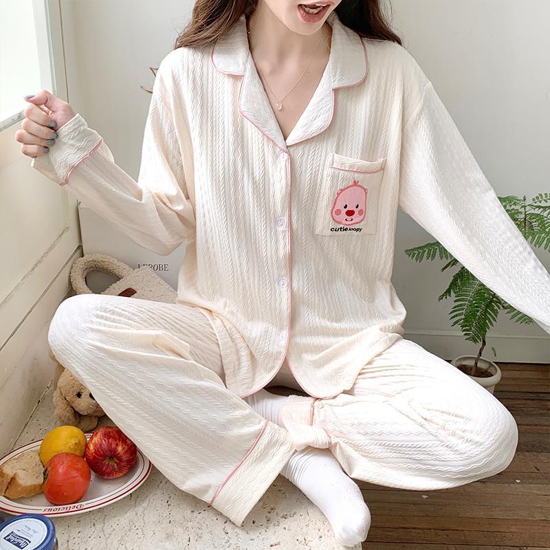 甜美可愛長袖睡衣女春秋款棉開衫卡通秋季可外穿小翻領家居服套裝