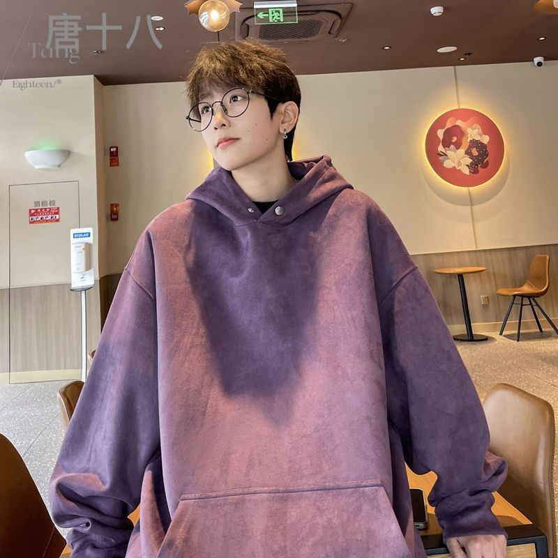 麂皮絨重磅衛衣男連帽情侶寬鬆美式復古外套慵懶chic港風oversize