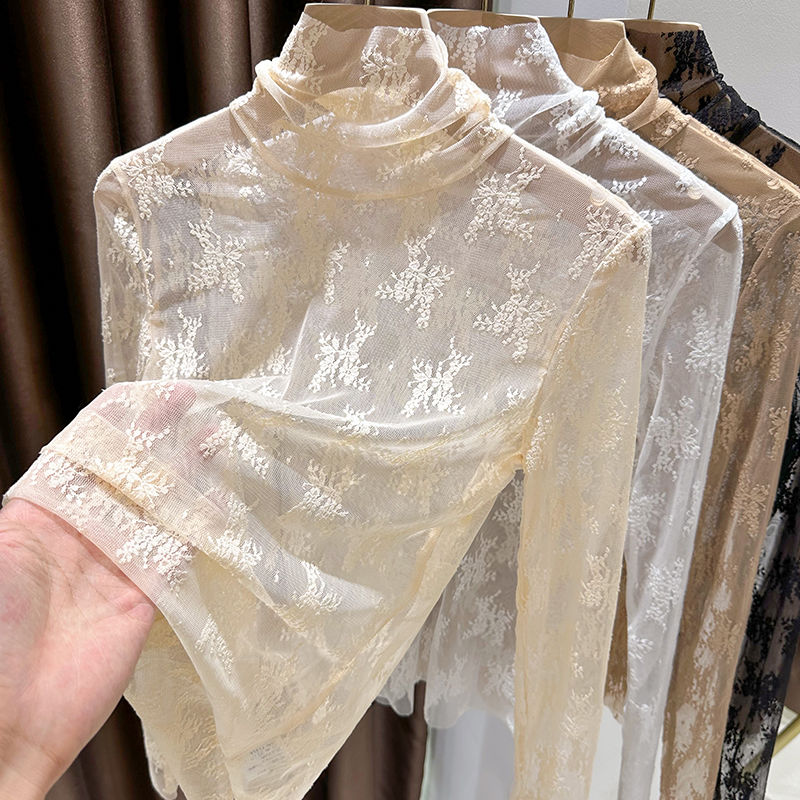 2023新款秋季堆堆領蕾絲打底衫女內搭鏤空洋氣高級感網紗高領上衣