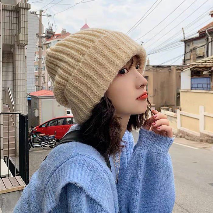 大头围新款帽子女秋冬季韩版宽松百搭保暖毛线帽潮日系针织堆堆帽