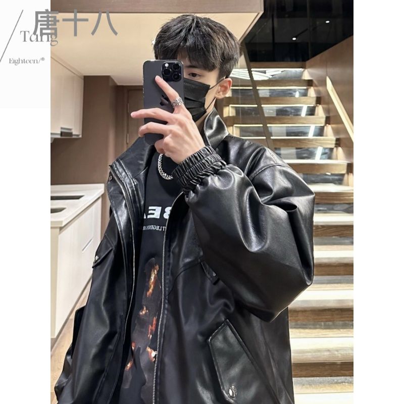 休閒運動秋季情侶機車服寬鬆上衣衝鋒衣夾克復古個性男女皮衣外套