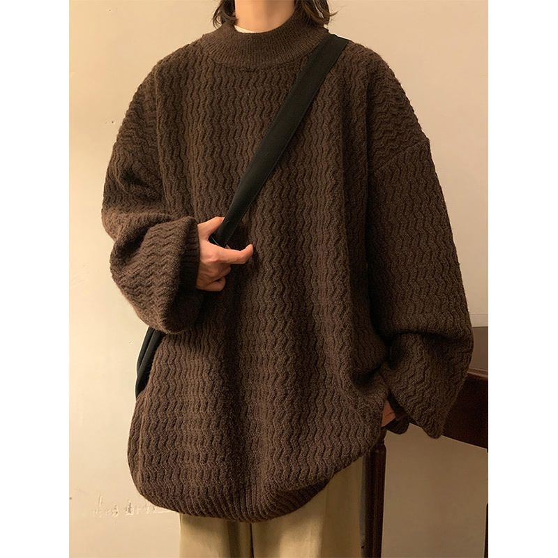 Dark brown mid-collar sweater Japanese style lazy retro thick autumn and winter vintage vintage wavy sweater for men