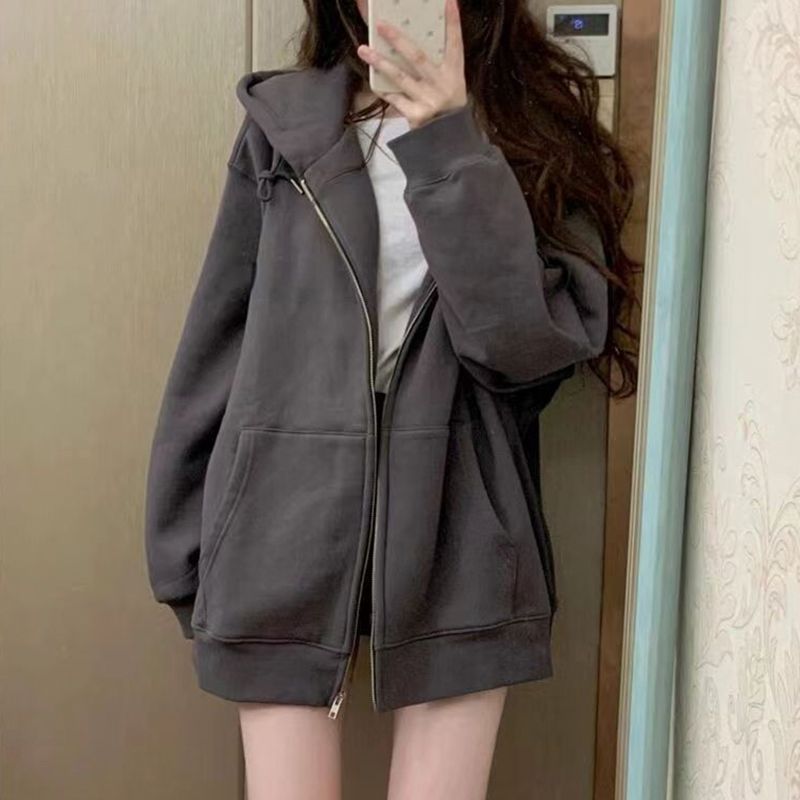 100%重磅純棉潮牌衛衣外套女春秋連帽2023新款韓系慵懶風百搭上衣