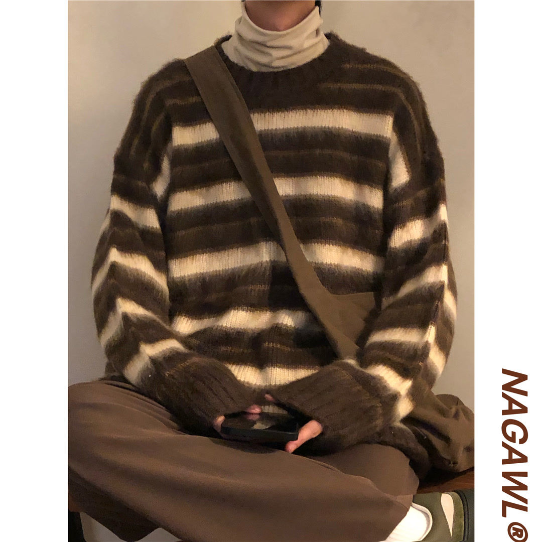 美式高街復古小眾設計黑白條紋圓領毛衣男簡約慵懶風寬鬆針織衫潮