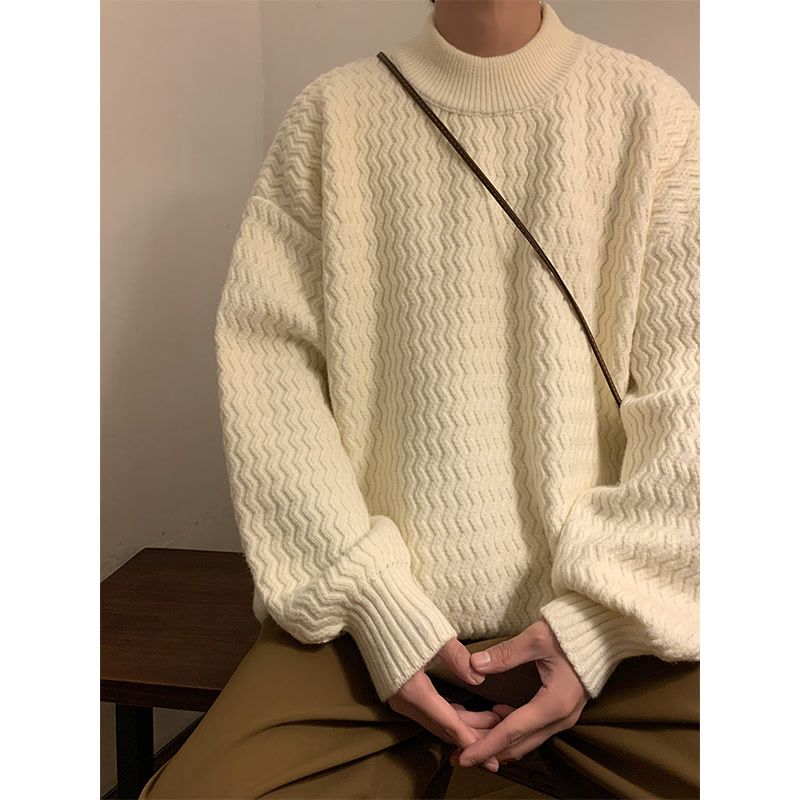 Dark brown mid-collar sweater Japanese style lazy retro thick autumn and winter vintage vintage wavy sweater for men