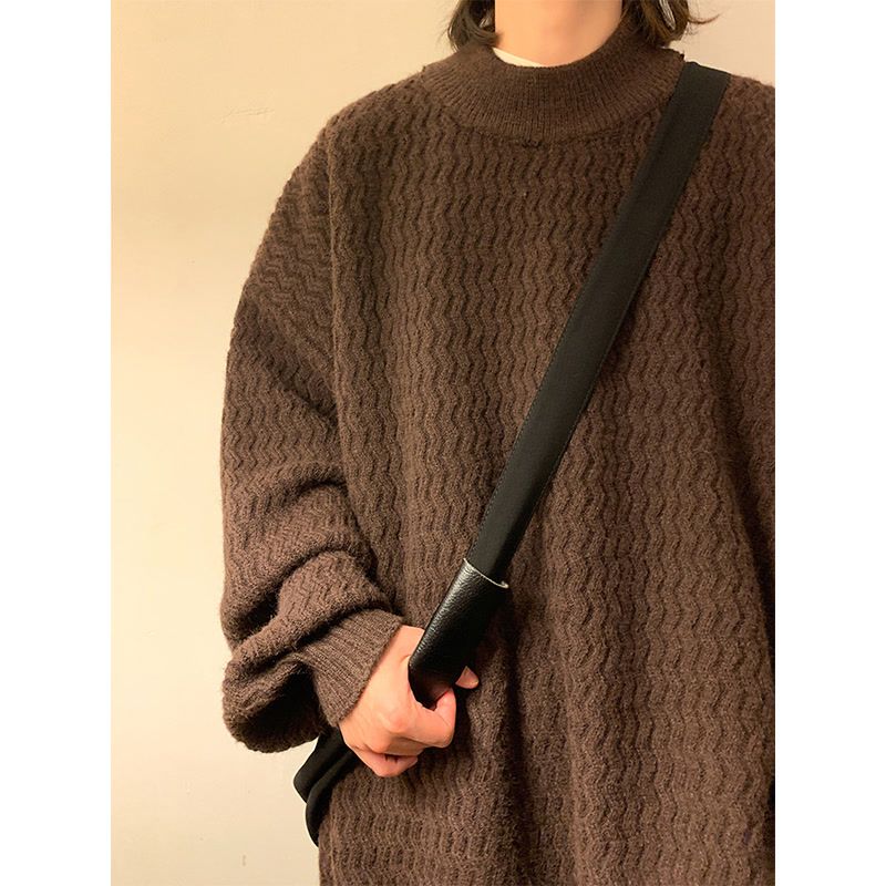 Dark brown mid-collar sweater Japanese style lazy retro thick autumn and winter vintage vintage wavy sweater for men